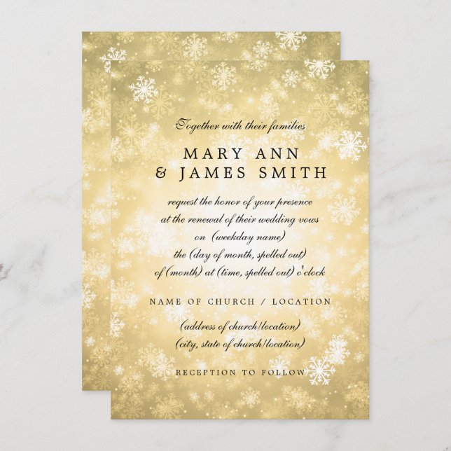 Invitation Mariage Vow Renewal Gold Winter Wonderland Sparkle (Devant / Derrière)