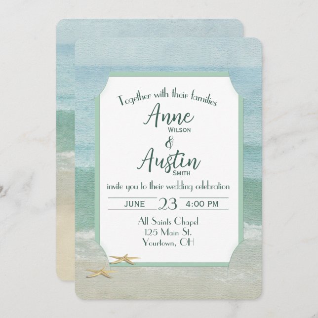 Invitation Mariage Watercolor Ocean Beach Frame (Devant / Derrière)