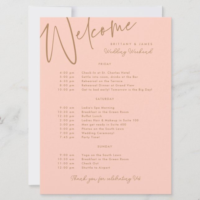 Invitation Mariage Weekend Itinéraire Peach Gold Welcome Card (Devant)