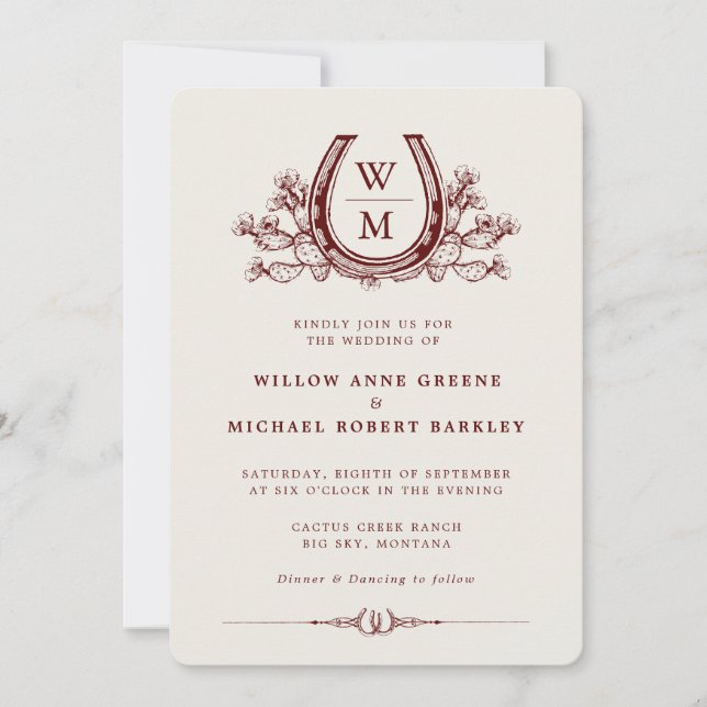 Invitation Mariage Western Country Boho Cactus en Fer à Cheva (Devant)