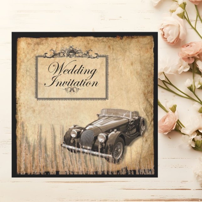 Invitation Mariage western de campagne à l'ancienne avec une  (Rustic antique car western Country Wedding Invitation)