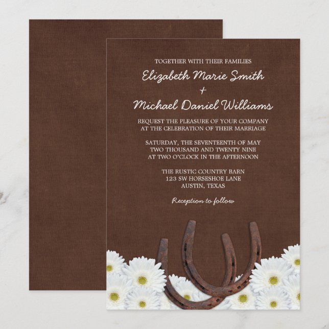 Invitation Mariage Western Horseshoe et Daisies (Devant / Derrière)