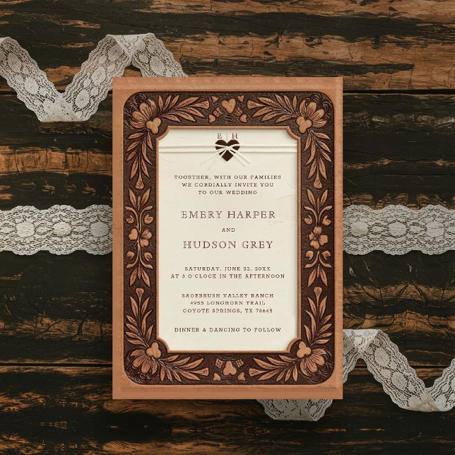 Invitation Mariage Western Sweethearts en cuir à outils du pa (rustic country wedding invitation western cowboy tooled leather sweethearts elegant barn ranch)