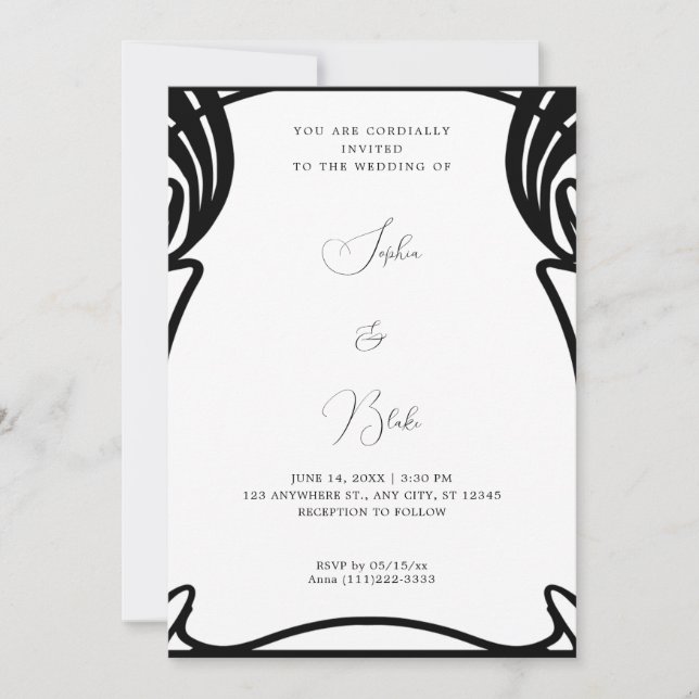 Invitation Mariage Whimsical Art Déco noir et blanc (Devant)