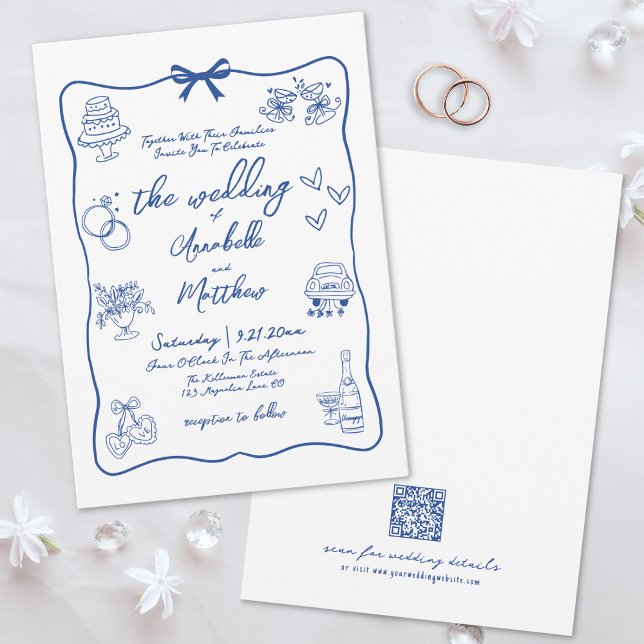 Invitation Mariage Whimsical Bleu QR Code tiré à la main (Hand Drawn QR Code Blue Whimsical Wedding Invitation)