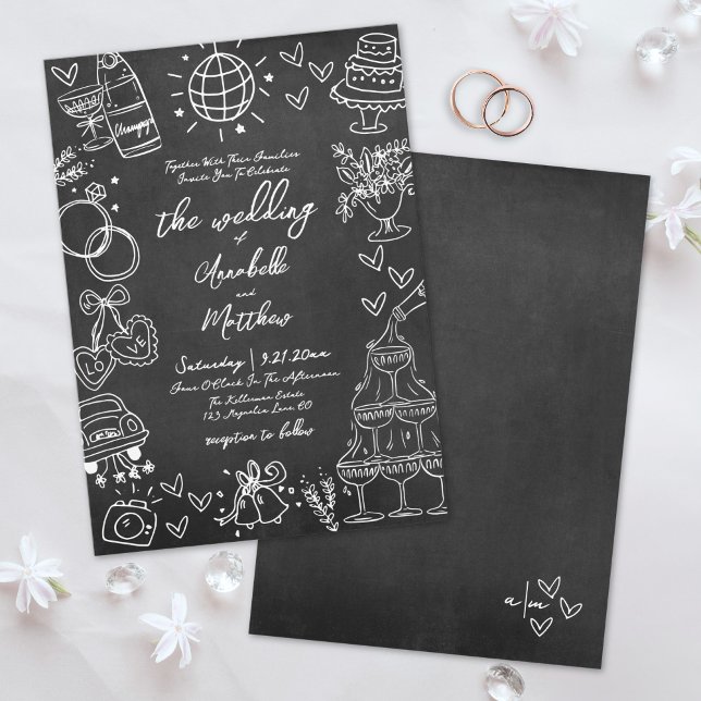 Invitation Mariage Whimsical de tableau de bord irky tiré à l (Hand Drawn Quirky Chalkboard Whimsical Wedding Invitation)