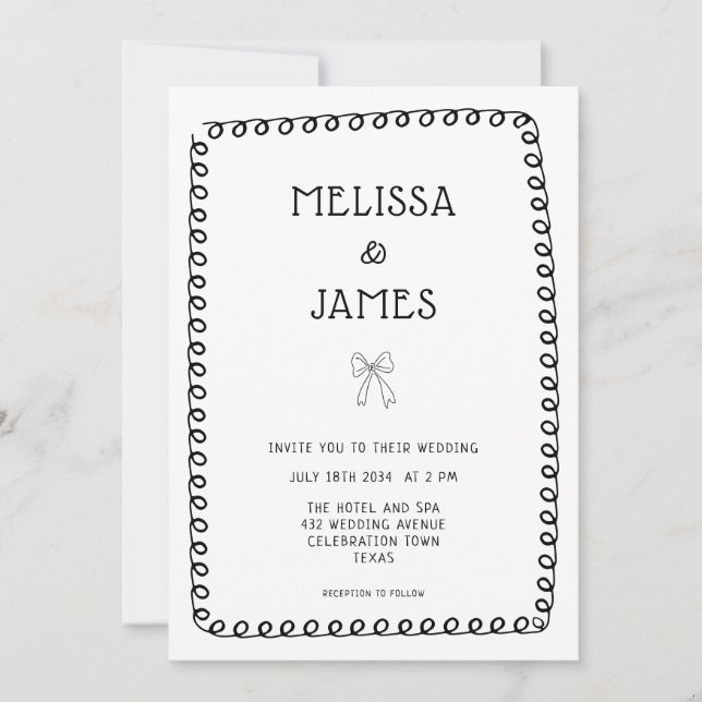 Invitation Mariage Whimsical Doodle Bow tiré main (Devant)