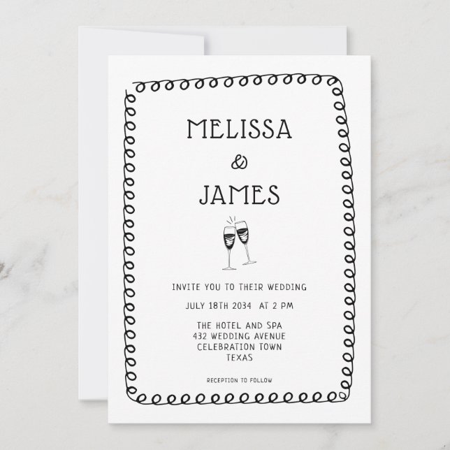 Invitation Mariage Whimsical Doodle Champagne tiré à la main (Devant)