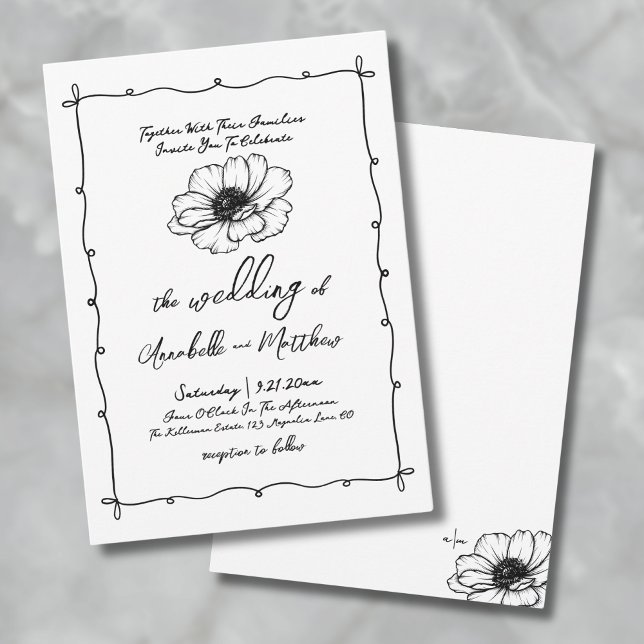Invitation Mariage Whimsical Flower dessiné à la main (Hand Drawn Flower Whimsical Wedding Invitation)