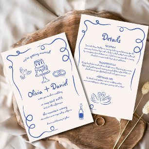 Invitation Mariage Whimsical Hand Drake Navy Blue Détails