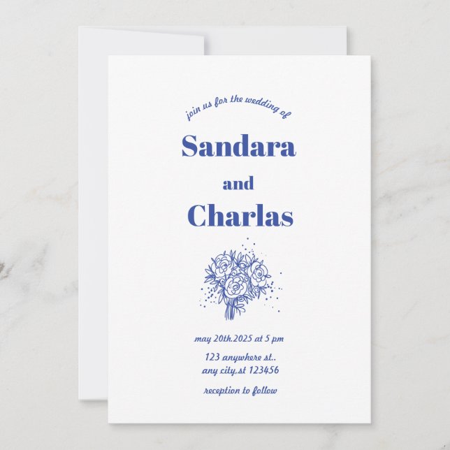 Invitation mariage Whimsical manuscrit simple bleu (Devant)