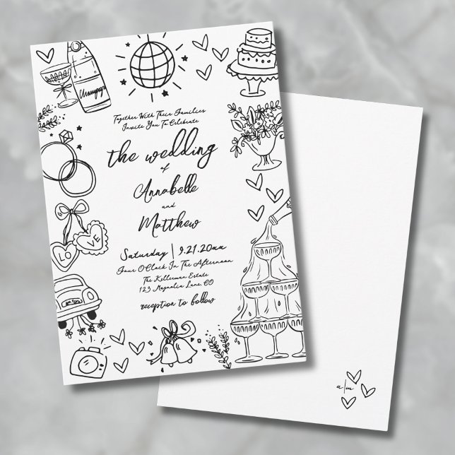 Invitation Mariage Whimsical Quirky tiré à la main (Hand Drawn Quirky Whimsical Wedding Invitation)