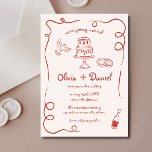 Invitation Mariage Whimsical Rouge Quirky Français Dessiné À