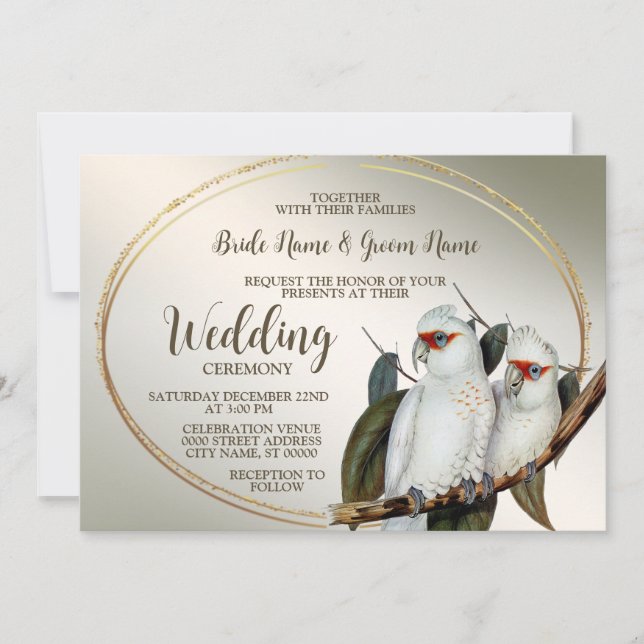 Invitation Mariage White Birds Cockatoo Green Feuilles Rustiq (Devant)