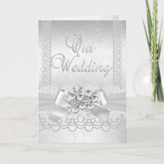 Invitation Mariage White Pearl Lace Damask Diamond (Devant)