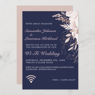Invitation Mariage WiFi virtuel Dusty Rose Floral Navy bleu