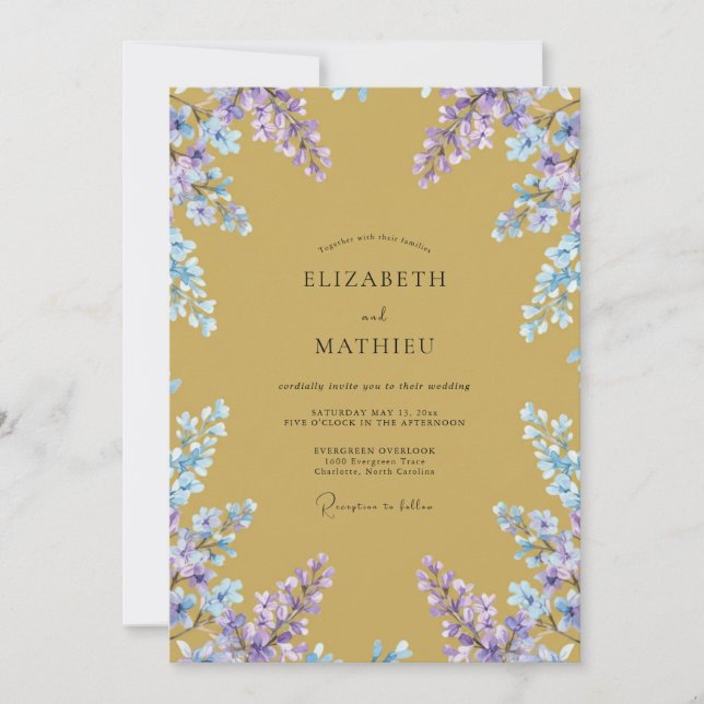 Invitation Mariage Wisteria Pervenche Moutarde au Clair de Lu (Devant)