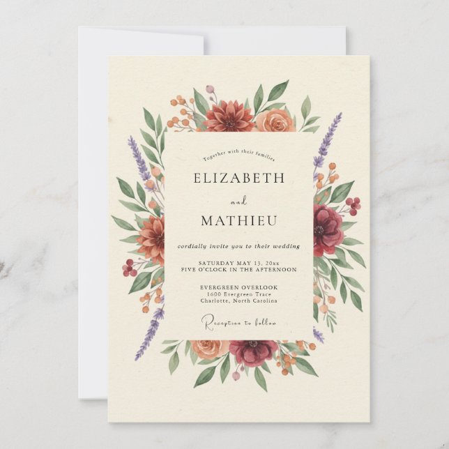 Invitation Mariage Zinnia Eucalyptus Bourgogne Rouille (Devant)