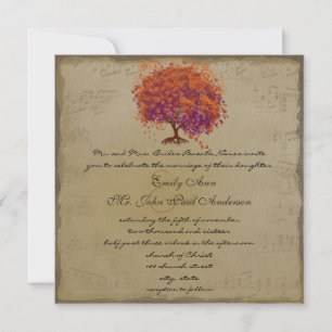 Invitation Mariages Arbre Feuille Coeur Prune Orange Or Music