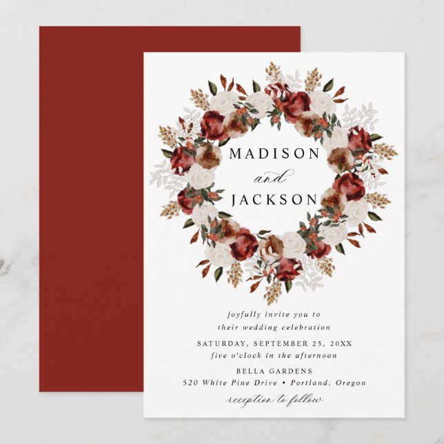 Invitation Mariages aux Roses Bourguignonnes et Ivoire Rustiq (Devant / Derrière)