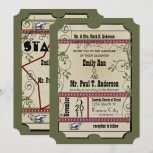 Invitation Mariages Burgundy & Olive Funky Textured Playbill