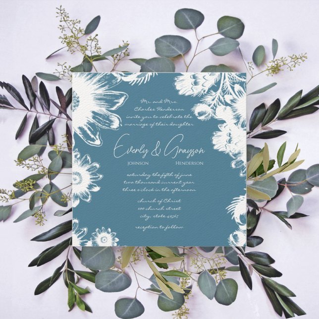 Invitation Mariages de fleurs Vintages bleu vert (Créateur téléchargé)