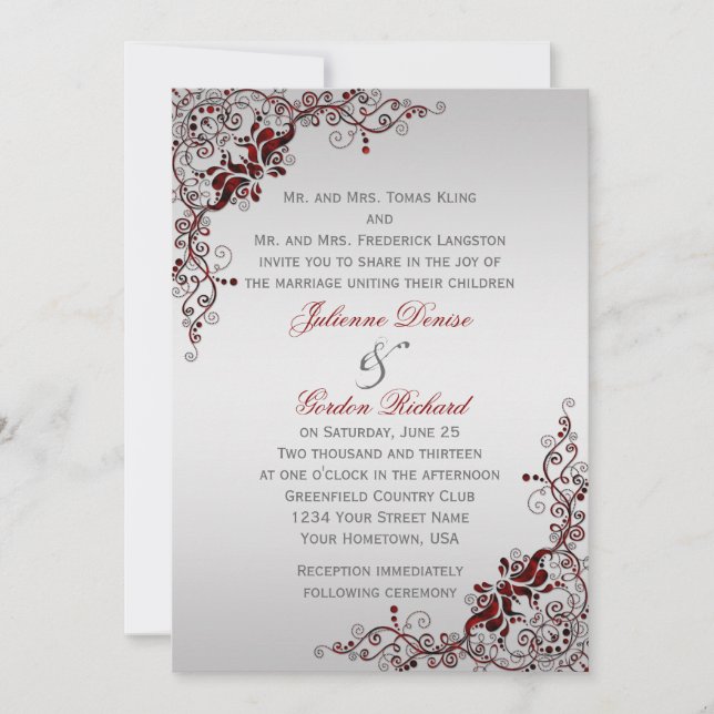 Invitation Mariages de tourbillons floraux d'argent et de rou (Devant)