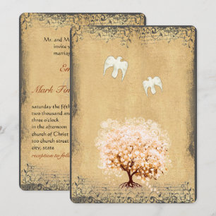 Invitation Mariages d'oiseaux d'amour Colombes Arbres Corail