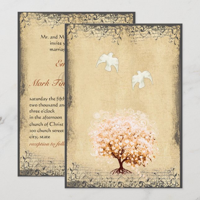 Invitation Mariages d'oiseaux d'amour d'arbre de corail de fe (Devant / Derrière)