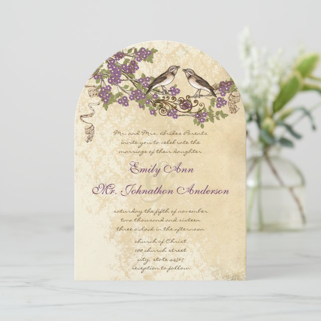 Invitation Mariages d'oiseaux Vintages en fleurs de cerisier  (Debout devant)