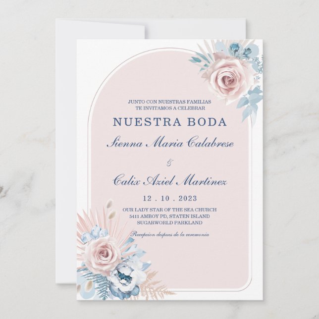 Invitation Mariages en bleu poudré et rose blush (Devant)