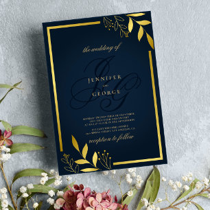 Invitation Mariages floral bleu marine or monogramme initiale