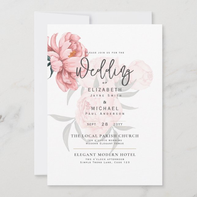 Invitation Mariages floraux de pivoines roses modernes Invita (Devant)