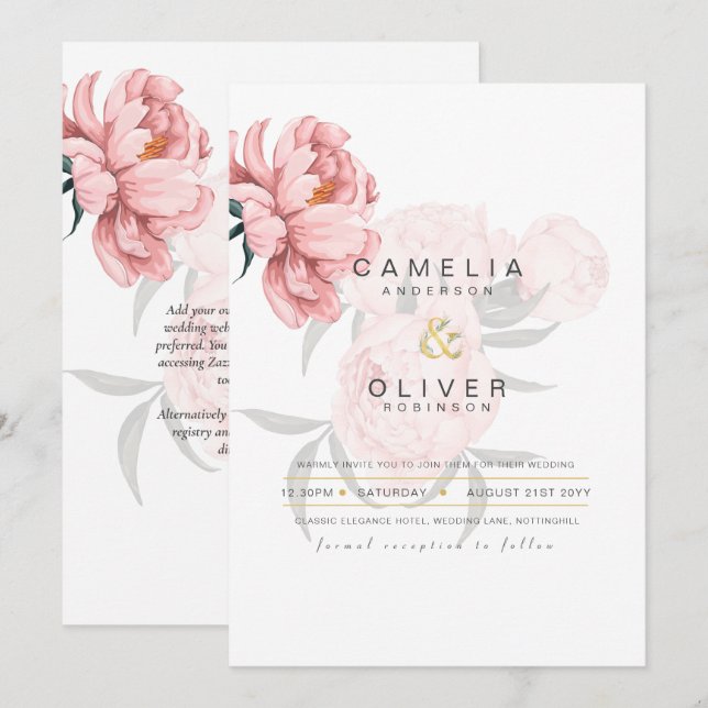 Invitation Mariages floraux de pivoines roses modernes Invita (Devant / Derrière)