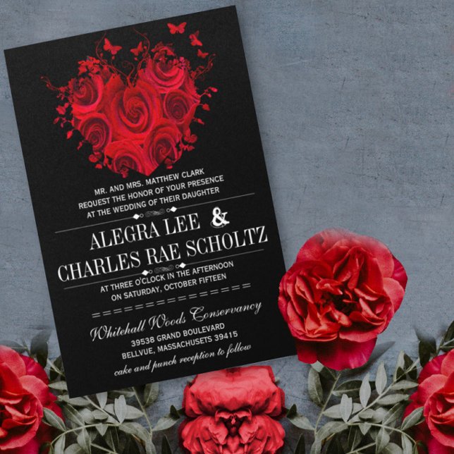 Invitation Mariages Papillon Roses Cœur Rouge & Noir (Créateur téléchargé)