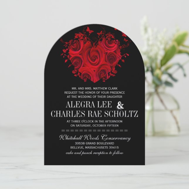 Invitation Mariages Papillon Roses Cœur Rouge & Noir (Debout devant)