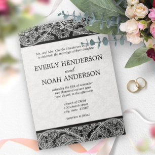 Invitation Mariages Vintage Paisley Noir Damassé