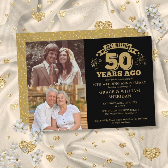 Invitation Marié 50e Anniversaire 2 Photo Gold Noir (Just Married 50th Anniversary 2 Photo Gold Black Invitation)