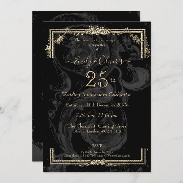 Invitation Marie Antoinette élégante sur Anniversaire noir  (Devant / Derrière)