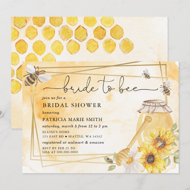Invitation Mariée à devenir abeille miel Fleurs Mariage Showe (Devant / Derrière)