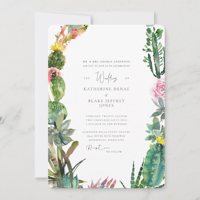 Invitation Mariée Cactus Tropical Parents Arrondis (Devant)