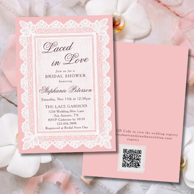 Invitation Mariée dans l'Amour Rose Finition Dentelle Code QR (Créateur téléchargé)