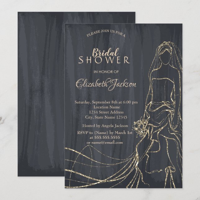 Invitation Mariée élégante en or, douche de mariage noir (Devant / Derrière)