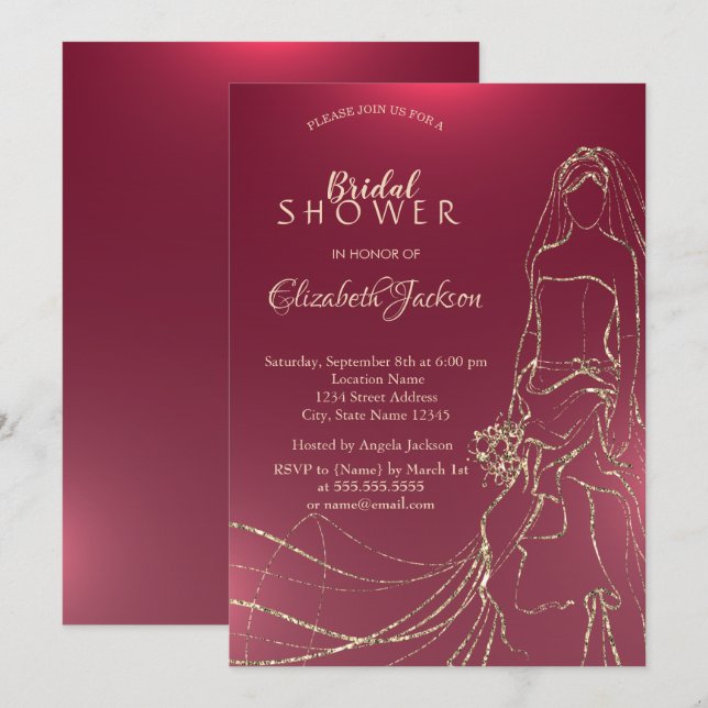 Invitation Mariée élégante en or, Shower de mariage (Devant / Derrière)