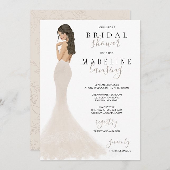 Invitation Mariée en Champagne Lace Gown Fête des mariées Inv (Devant / Derrière)