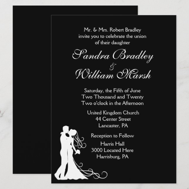 Invitation Mariée et chambre noire et blanche (Devant / Derrière)