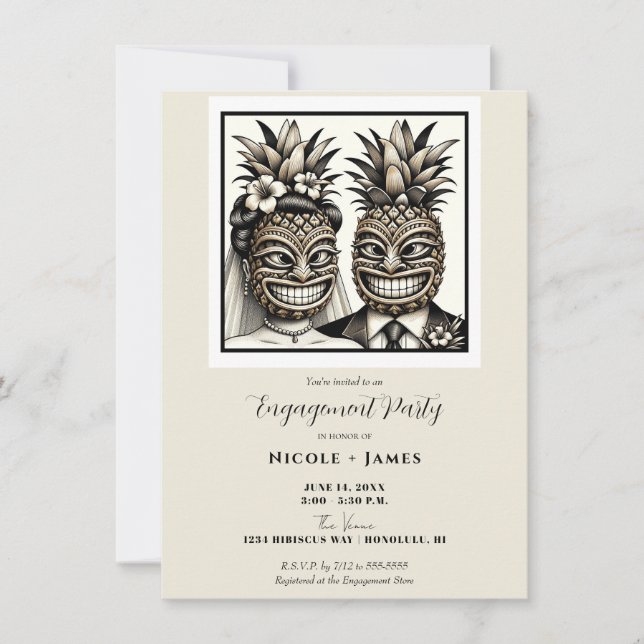 Invitation Mariée et marié Aloha Pineapple Tiki Fiançailles  (Devant)