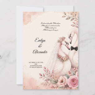 Invitation Mariée et marié cygnes romantiques Fleurs roses bl