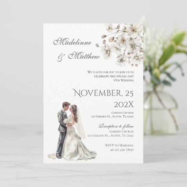 Invitation Mariée et marié silhouette Fleurs Mariage (Debout devant)