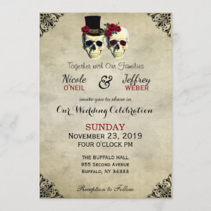 Invitation Mariée et salle de jeu Crâne Goth Rustique Mariage